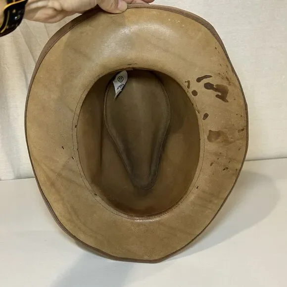 Vtg Henschel Skullys Braid Suede Hat LG Cowhide Leather Outback Bush USA Cowboy - Picture 6 of 8